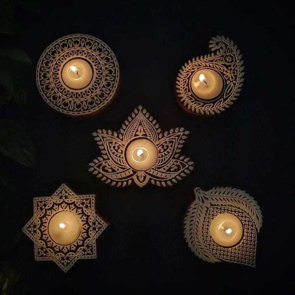 Small Wooden Diya (Set of 5) - Tea light Holder - Diwali Decor & Gifts - Crafts N Chisel - Indian Home Decor USA