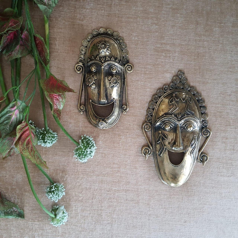Smiling Face Dhokra Mask - Wall Decor - Home Decor-Crafts N Chisel - Indian handicrafts home decor online USA