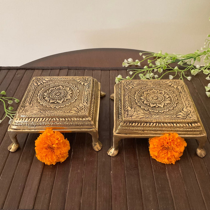 Square Brass Chowki For Idols And Pooja (Set of 2) - Crafts N Chisel - Indian Home Decor USA