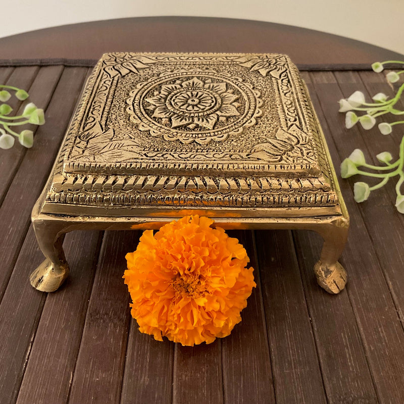 Square Brass Chowki For Idols And Pooja (Set of 2) - Crafts N Chisel - Indian Home Decor USA