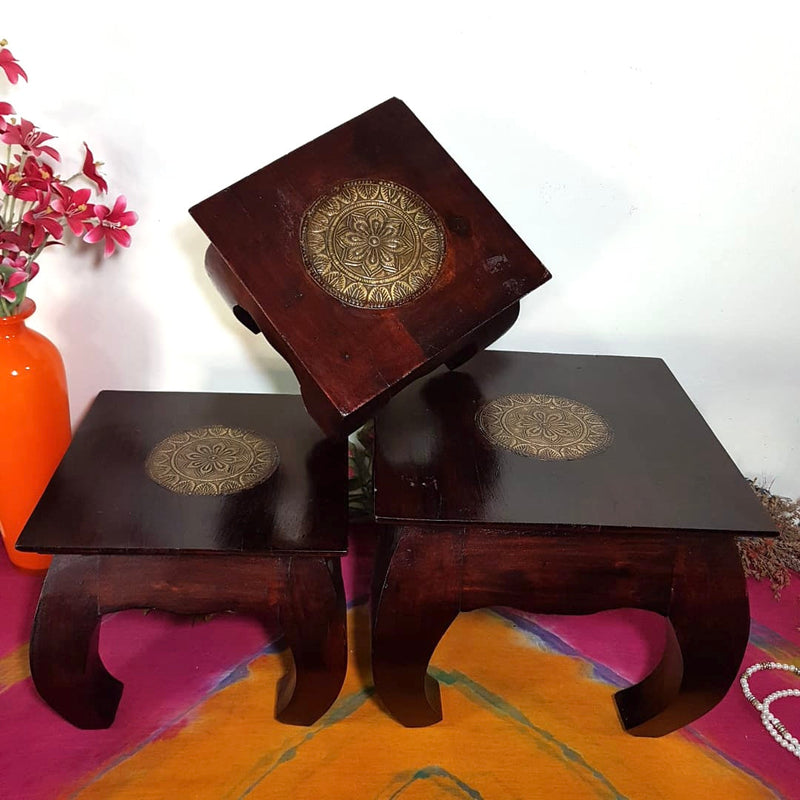 Square Wooden Chowki For Idols And Pooja (Set of 3) - Crafts N Chisel - Indian Home Decor USA