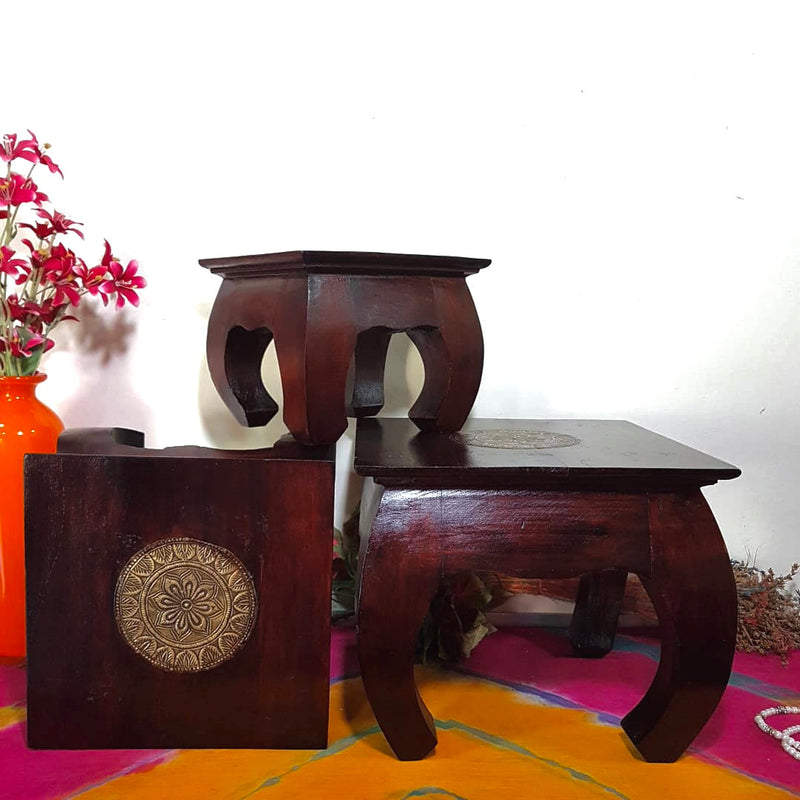 Square Wooden Chowki For Idols And Pooja (Set of 3) - Crafts N Chisel - Indian Home Decor USA