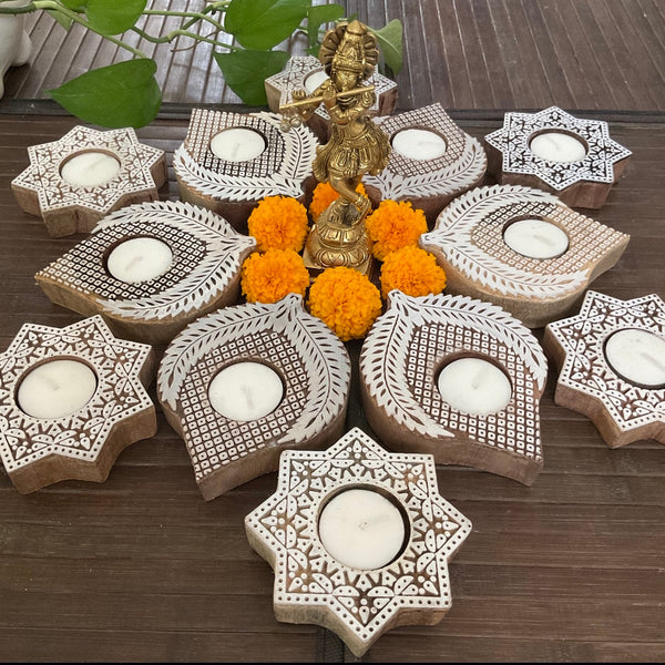 Star & Leaf Small Wooden Diya (Set of 12) - Tea light Holder - Diwali Decor & Gifts - Crafts N Chisel - Indian Home Decor USA