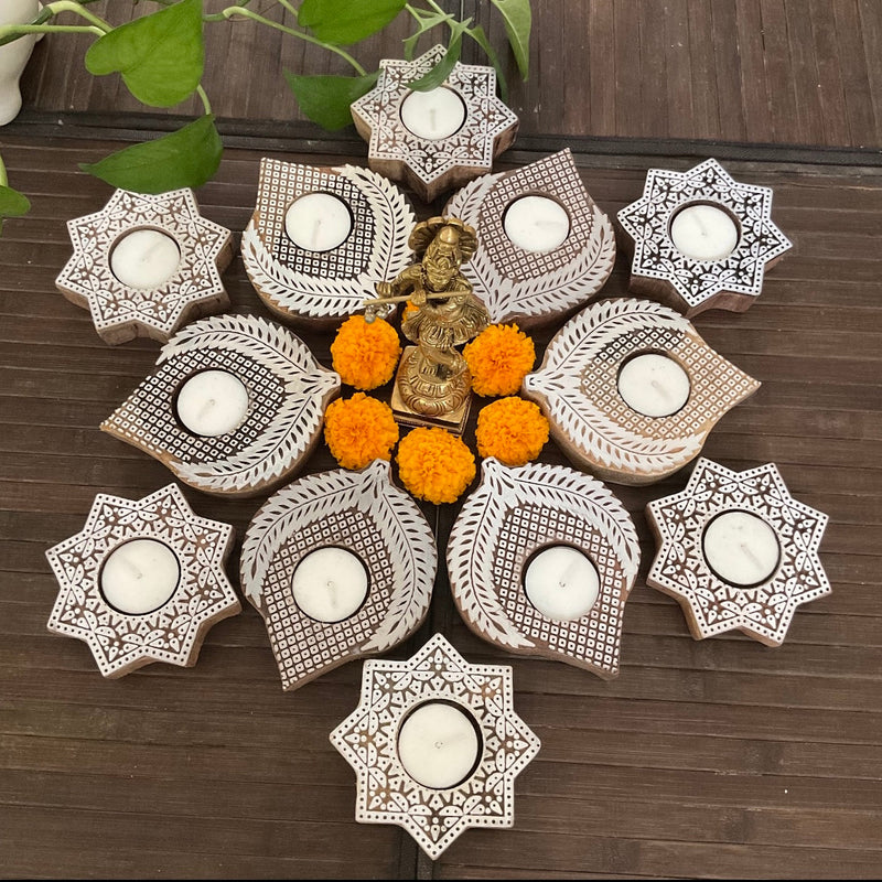 Star & Leaf Wooden Diya (Set of 12) - Tea light Holder - Diwali Decor & Gifts - Crafts N Chisel - Indian Home Decor USA