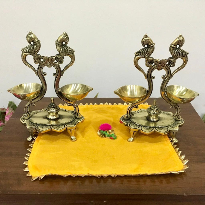 Twin Peacock Double Diya Lamp (Set of 2) - Handmade Brass lamp - Decorative - Crafts N Chisel - Indian home decor - Online USA