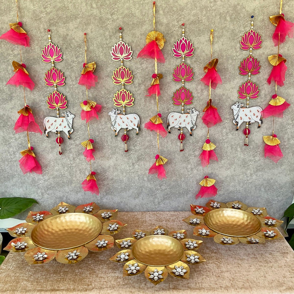 Urli & Pichwai Cow Lotus & Frills Wall Decor (Set of 12) - Festive Decoration Wall Hanging - Crafts N Chisel - Indian Home Decor USA