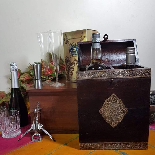 Vintage 2 Bottle Treasure Chest - Dark Brown Metallic Art - Crafts N Chisel - Indian home decor - Online USA