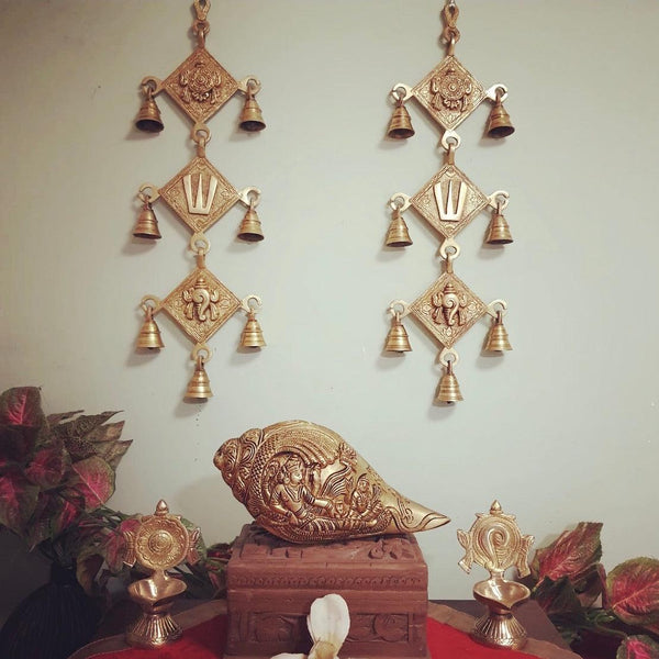 Vishnu Shank, Shanku Namah Chakra Brass Bell & Diya (Set of 5)-Crafts N Chisel-Indian Handicrafts Online USA