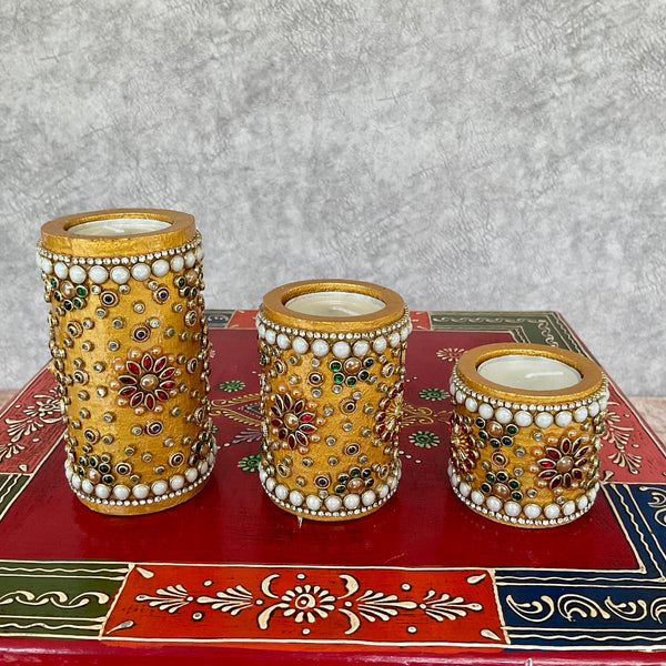 Wooden Golden Tea Light Holder (Set of 3) - Decorative Festive Decor - Crafts N Chisel - Indian Home Decor USA