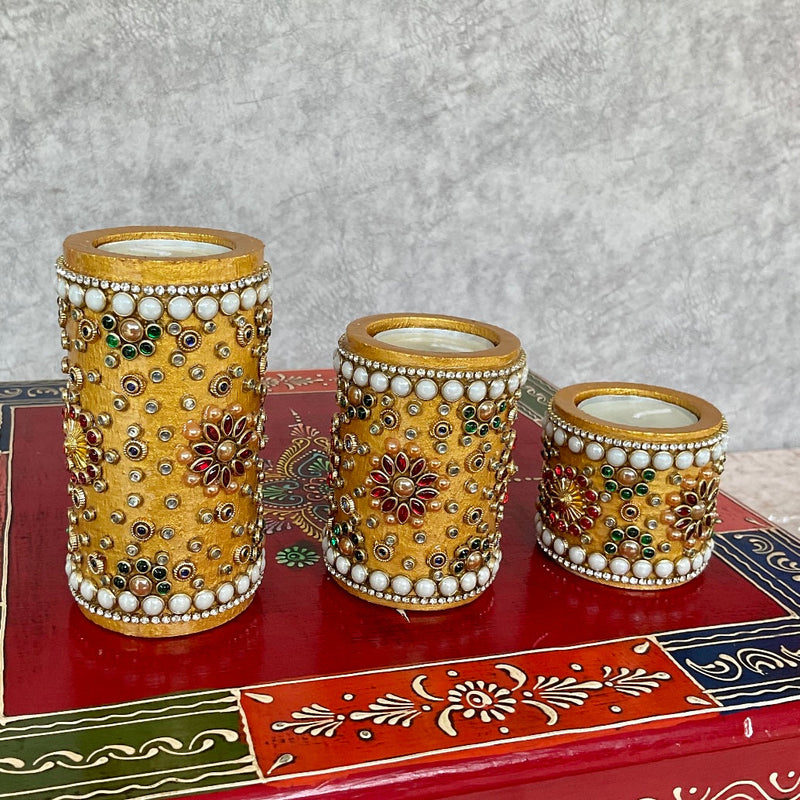 Wooden Golden Tea Light Holder (Set of 3) - Decorative Festive Decor - Crafts N Chisel - Indian Home Decor USA