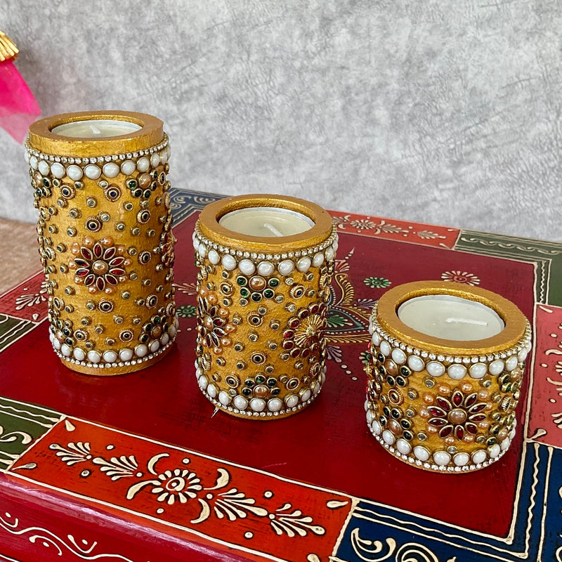 Wooden Golden Tea Light Holder (Set of 3) - Decorative Festive Decor - Crafts N Chisel - Indian Home Decor USA